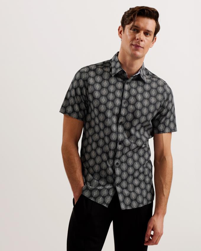 Chemises Ted Baker Short Sleeve Circle Geometric Noir Homme | WGM-26789446